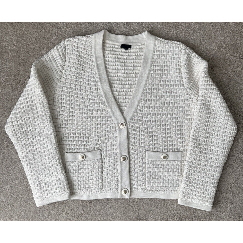 Talbots Kate Cardigan Sweater Womens XLP Ivory Knit Textured Gold Buttons Pocket